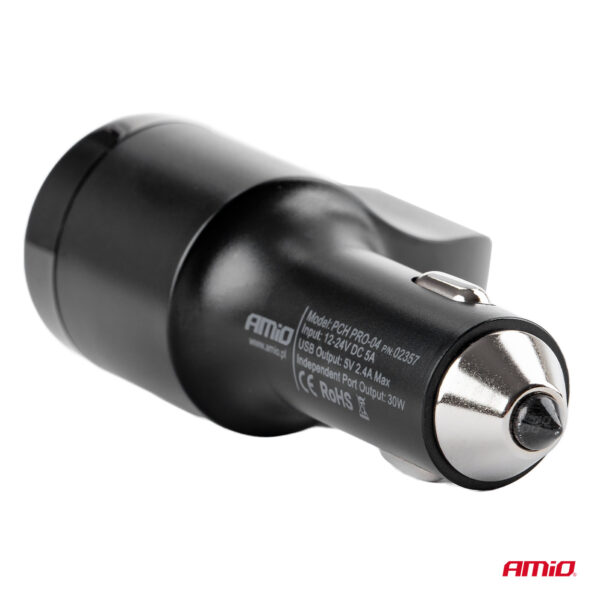 Sigaretisüütaja hargmik + 2USB 2,4A + klaasihaamer Amio 02357 - Image 4
