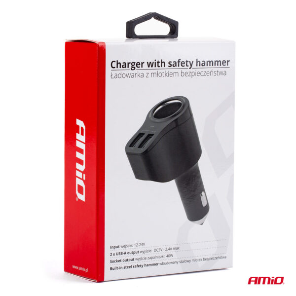 Sigaretisüütaja hargmik + 2USB 2,4A + klaasihaamer Amio 02357 - Image 7