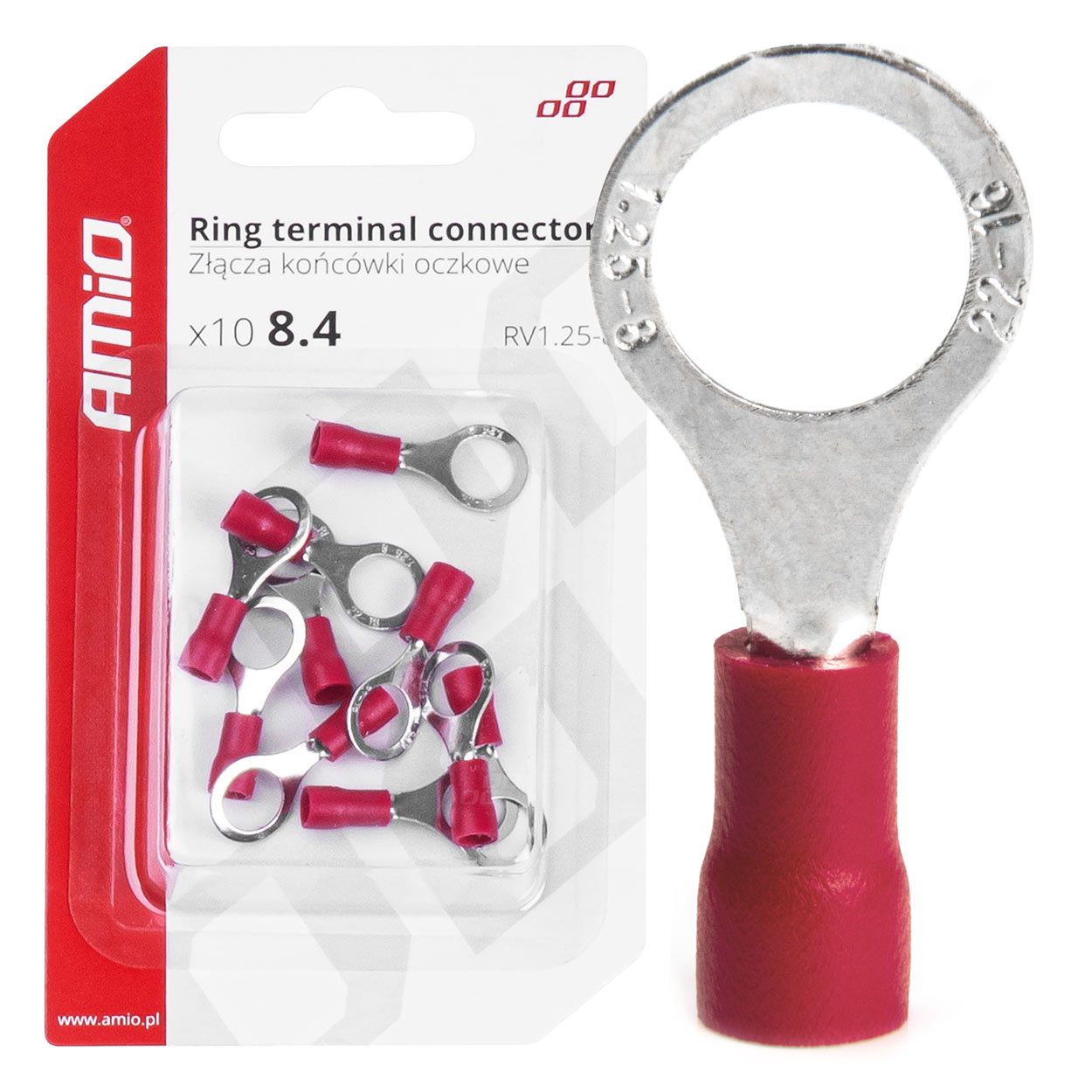 juhtmeotsikud auguga punane 8,4mm 10tk amio 03079 hasmar auto