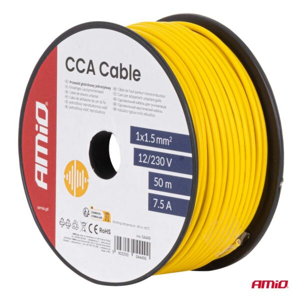 kaabel kollane cca 1x15mm2 50m 75a 12-230v amio 04449 hasmar auto