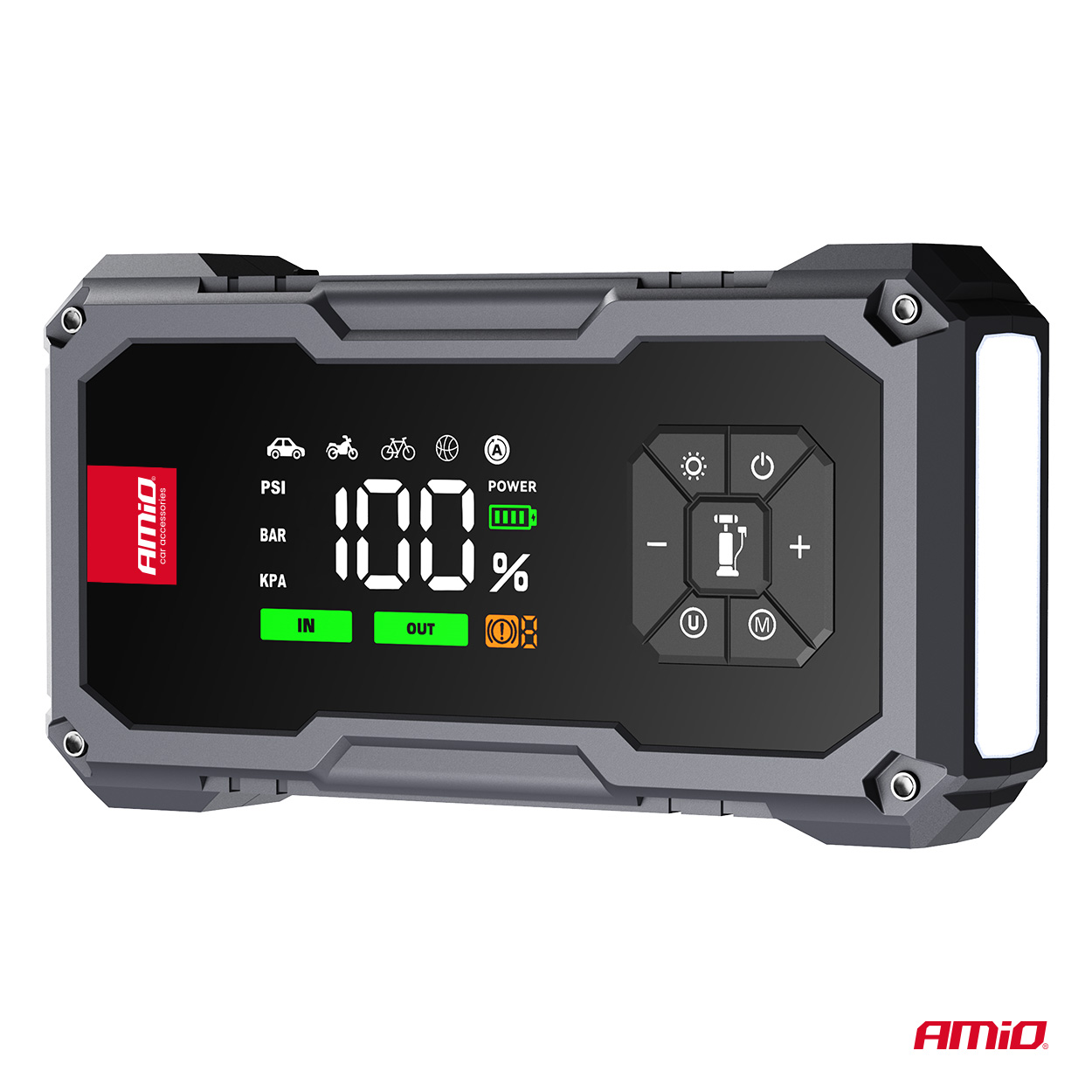 Kaasaskantav 4-in-1 käivitusabi/LED/õhukompressor/akupank 12V 7,2Ah 600A Amio 04674 - Image 7