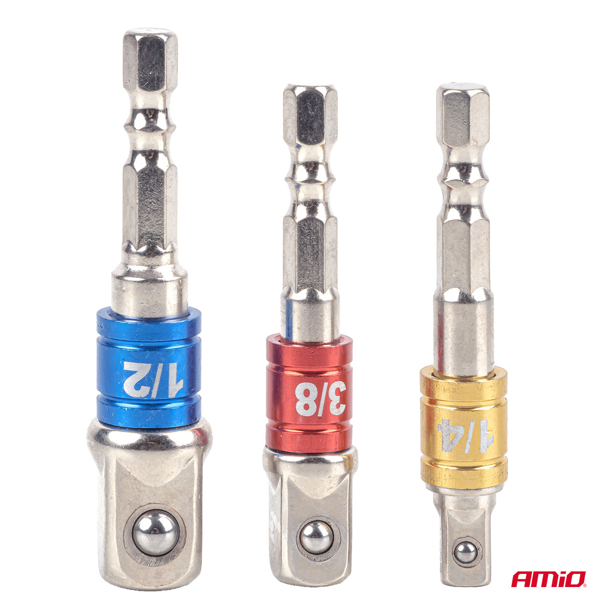 Värvikoodiga padrunvõtme adapterid 3-osa 1/4" 3/8" 1/2" Amio 04936 - Pilt 2