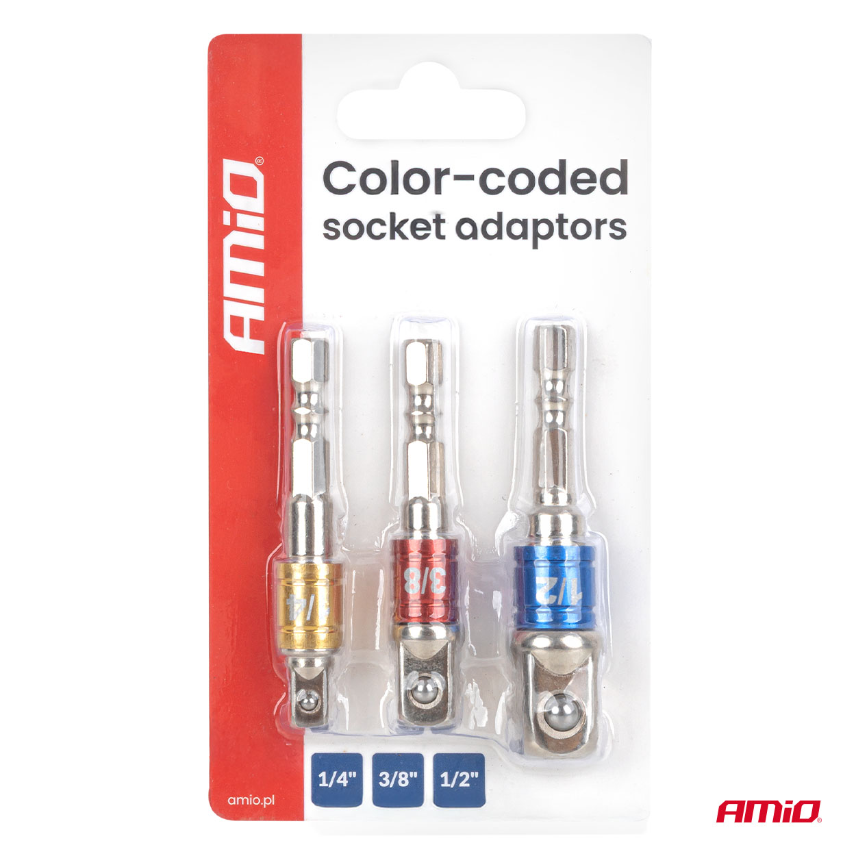 Värvikoodiga padrunvõtme adapterid 3-osa 1/4" 3/8" 1/2" Amio 04936 - Pilt 5