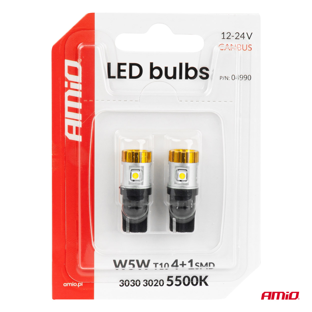 LED-pirnid CANBUS W5W T10 3030 4SMD+3020 valged 12V/24V Amio 04990 - Pilt 4