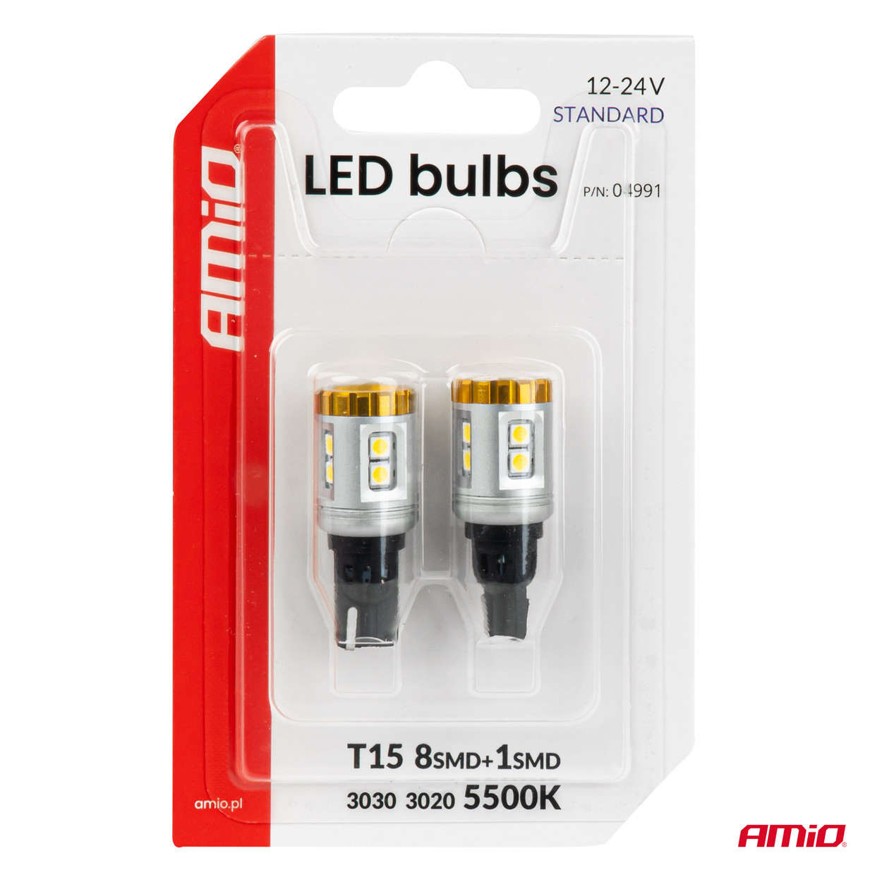 LED-pirnid STANDARD W16W T15 3030 8SMD + 3020 1SMD valged 12V/24V Amio 04991 - Pilt 4