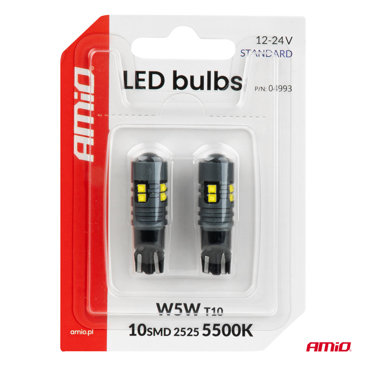 LED-pirnid STANDARD W5W T10 2525 10SMD valged 12V/24V Amio 04993 - Pilt 4