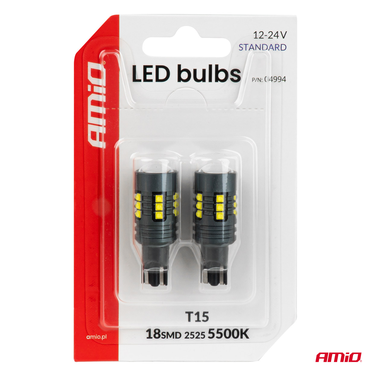 LED-pirnid STANDARD W16W T15 2525 18SMD valged 12V/24V Amio 04994 - Pilt 4