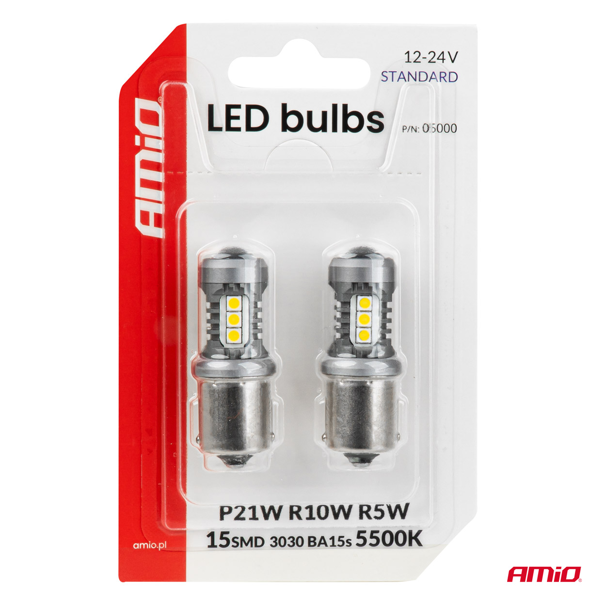 LED-pirnid STANDARD BA15S P21W 3030 15SMD valged 12V/24V Amio 05000 - Pilt 4