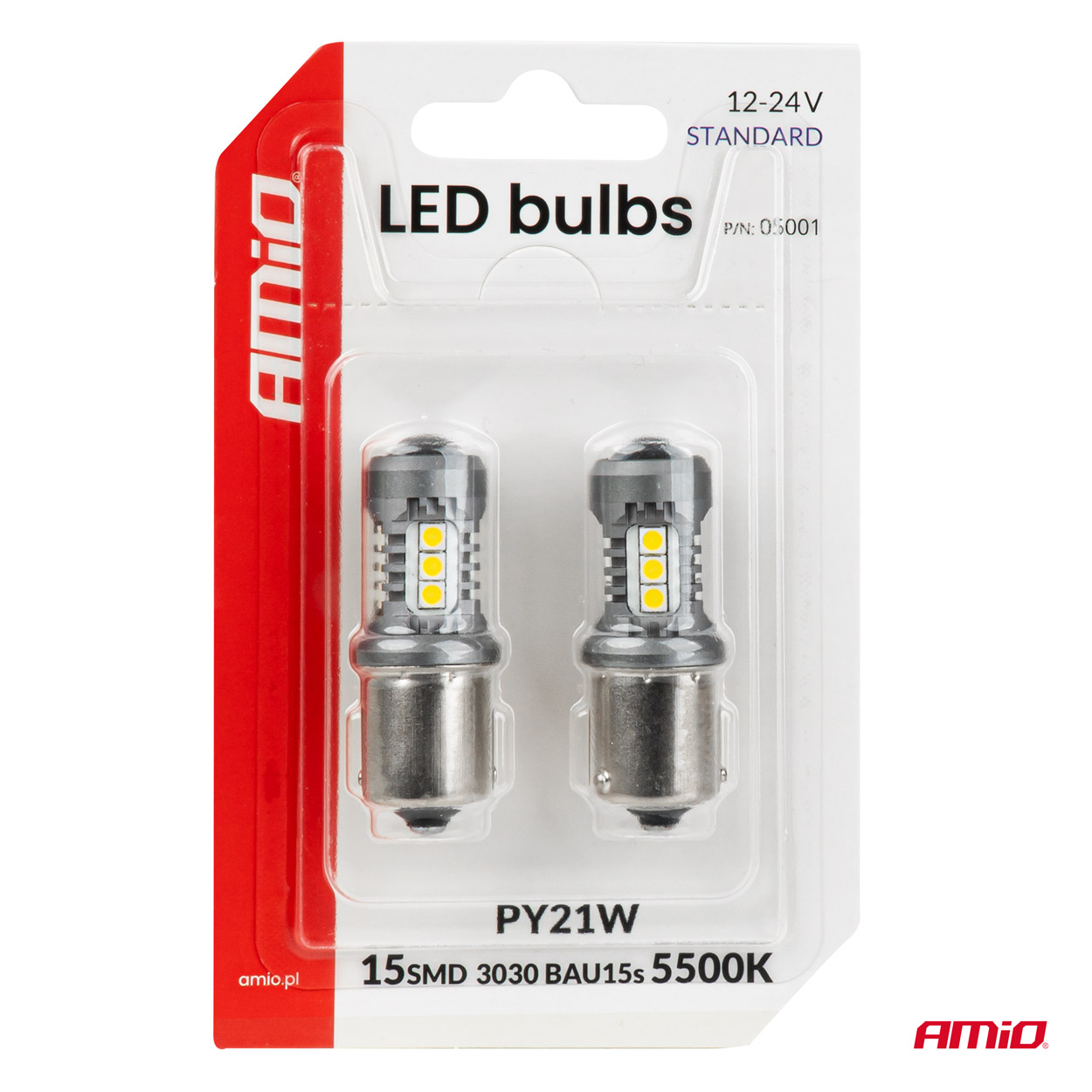 LED-pirnid STANDARD BAU15S PY21W 3030 15SMD valged 12V/24V Amio 05001 - Pilt 4