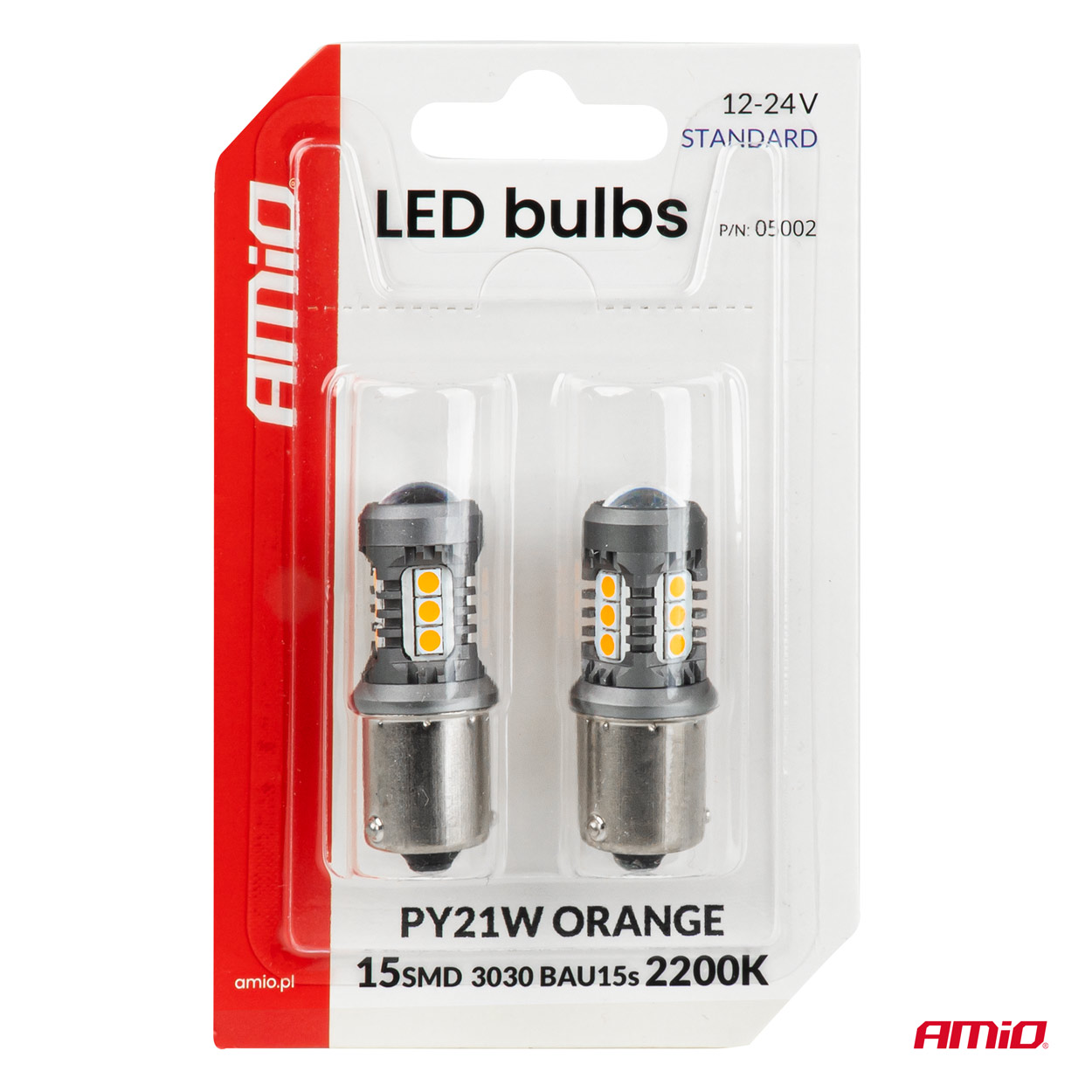 LED-pirnid STANDARD BAU15S PY21W 2x1860SMD 3030 15SMD oranžid 12V/24V Amio 05002 - Pilt 4