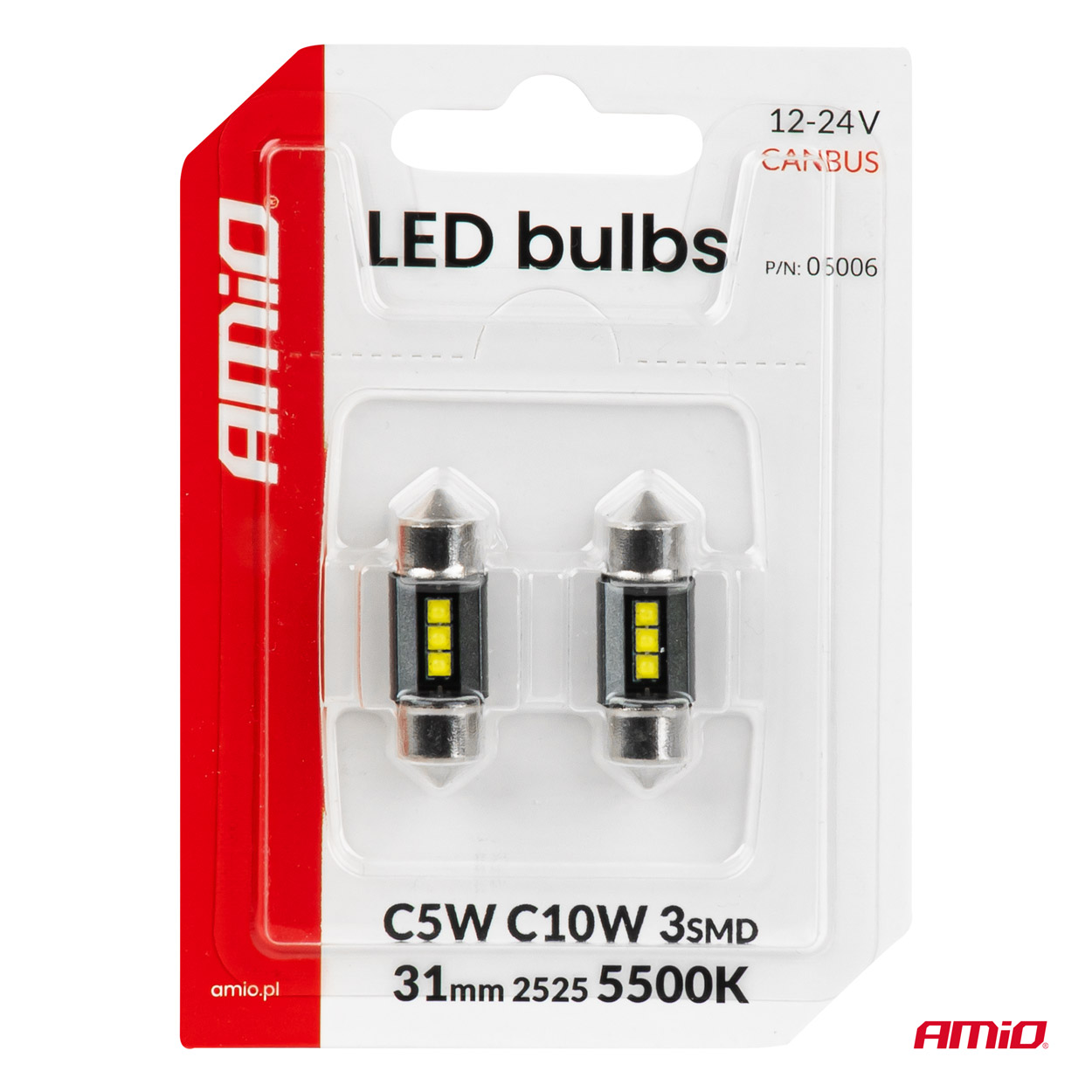LED-pirnid CANBUS 31MM 2525 3SMD valged 12V/24V Amio 05006 - Pilt 4