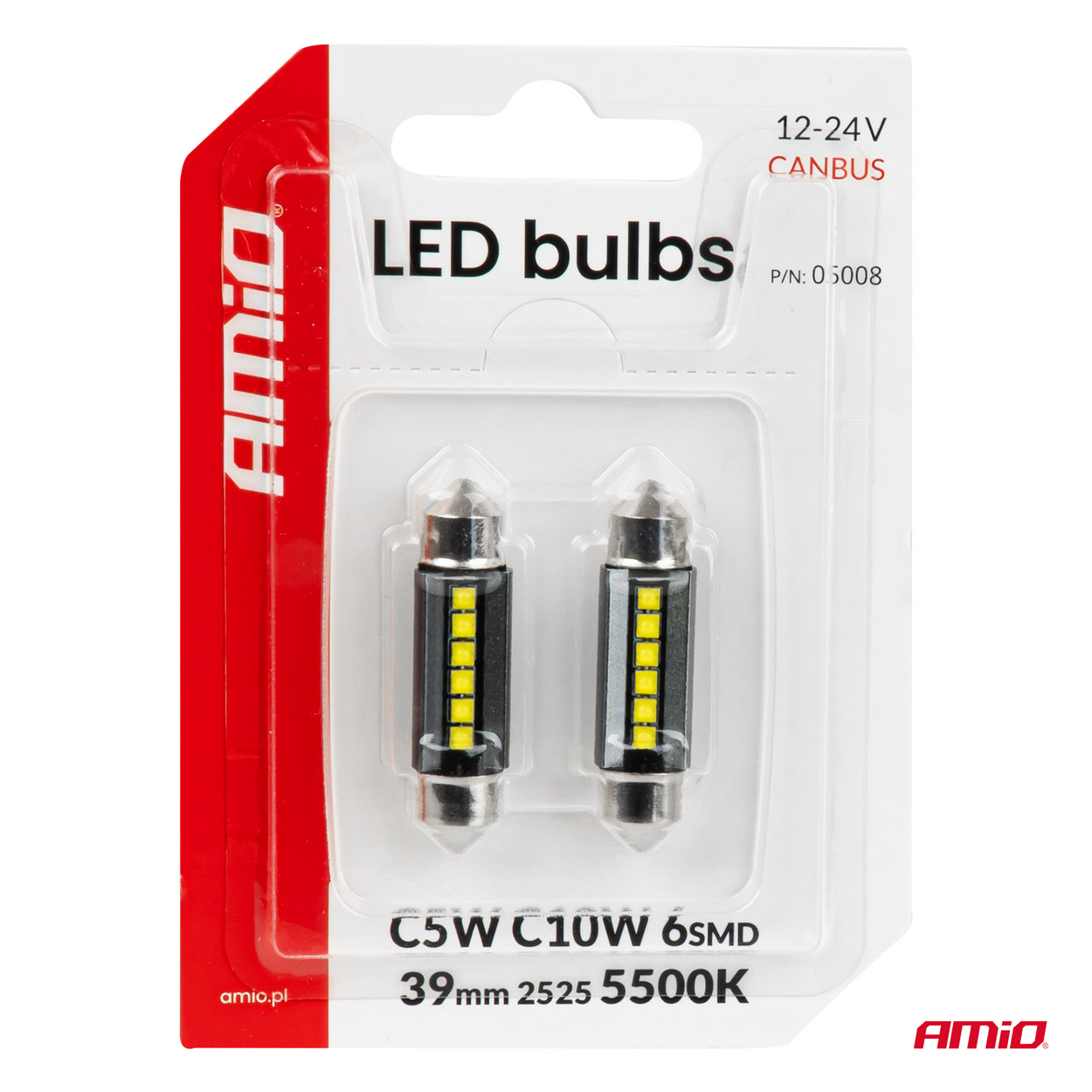 LED-pirnid CANBUS 39MM 2525 6SMD valged 12V/24V Amio 05008 - Pilt 4