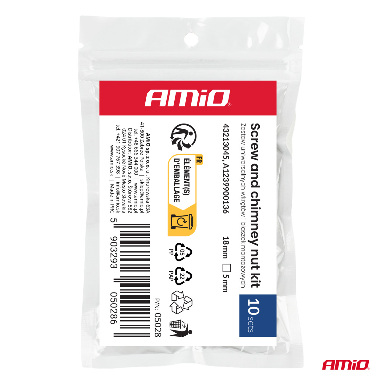 Kruvide ja kinnitusklambrite komplekt 18mm⌀ 5mm 10tk Amio 05028 - Pilt 3