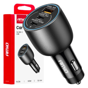 autolaadija 2xusb-c port usb-a port 12/24v 100w amio 04371 hasmar auto