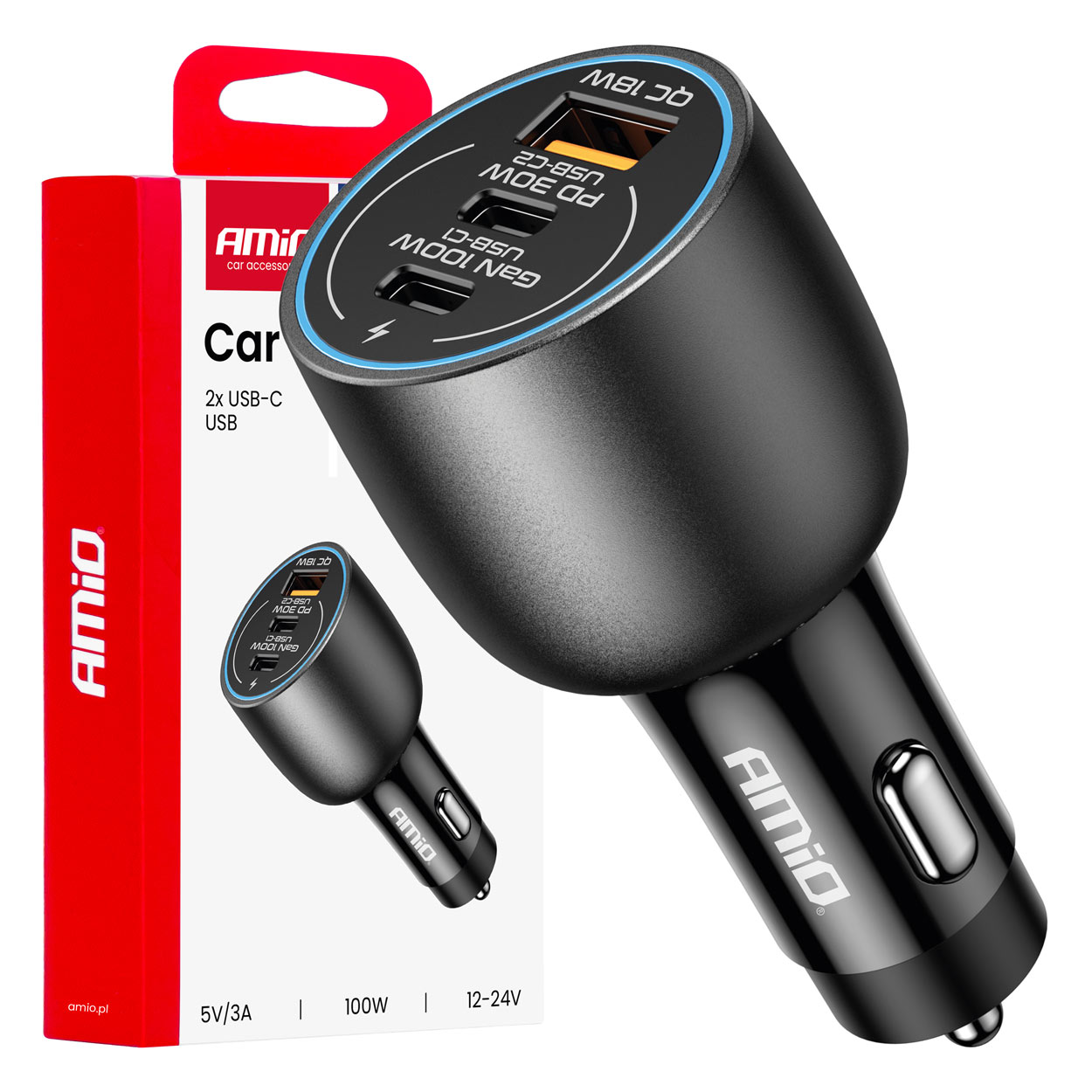 autolaadija 2xusb-c port usb-a port 12/24v 100w amio 04371 hasmar auto