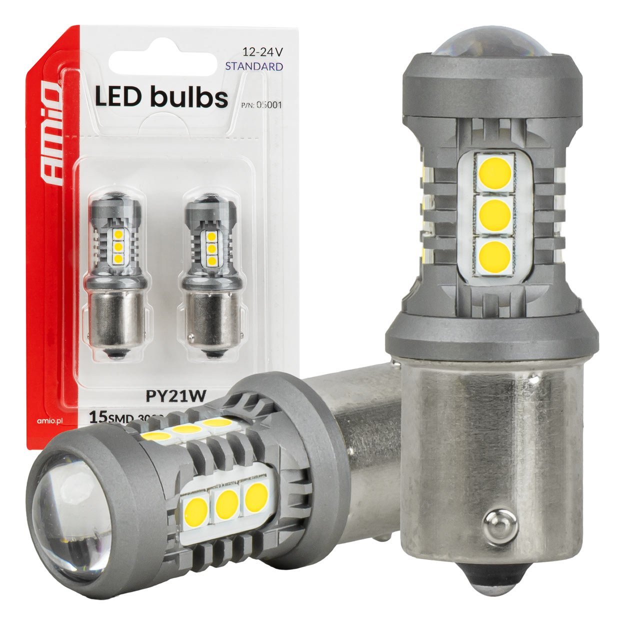 led pirnid standard bau15s py21w 3030 15smd valged 12v/24v amio 05001 hasmar auto
